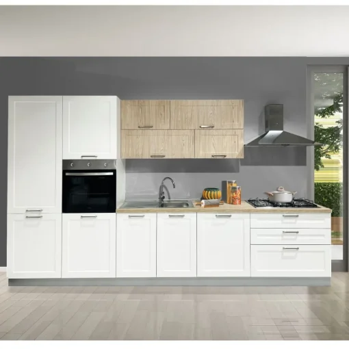 Bissolo Casa Cucine Complete<CUCINA MOD. DORA CM 360X60 H.216 BIANCO OPACO E ROVERE NATURALE PROMO VERGINE