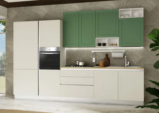 Bissolo Casa Cucine Complete<CUCINA MOD. DORA CM 348X60 H.240 BIANCO OPACO E VERDE OPACO PROMO SCORPIONE