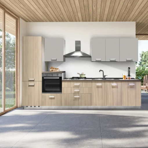 Bissolo Casa Cucine Complete<CUCINA MOD. IDEA CM 360X60 H. 216 LEGNO BEIGE E UTOPIA SETA VERSIONE SINISTRA