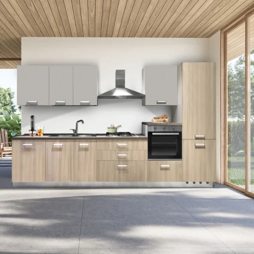 Bissolo Casa Cucine Complete<CUCINA MOD. IDEA CM 360X60 H. 216 LEGNO BEIGE E UTOPIA SETA VERSIONE DESTRA