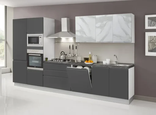 Bissolo Casa Cucine Complete<CUCINA MOD. KELLY CM 360X60 H.216 GRIGIO ANTRACITE E EFFETTO MARMO BIANCO PROMO CANCRO