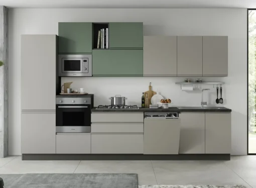 Bissolo Casa Cucine Complete<CUCINA MOD. KELLY CM 360X60 H.240 GRIGIO ACCIAIO E VERDE SALVIA OPACO PROMO GEMELLI
