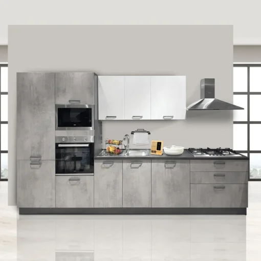 Bissolo Casa Cucine Complete<CUCINA MOD. KIRA CM 360X60 H.216 CEMENTO FUMO E CEMENTO BIANCO PROMO CANCRO