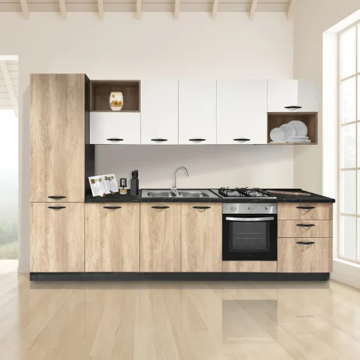 Bissolo Casa Cucine Complete<CUCINA MOD. MIRA CM 330X60 H. 216 NEBRASKA E BIANCO OPACO VERSIONE SINISTRA
