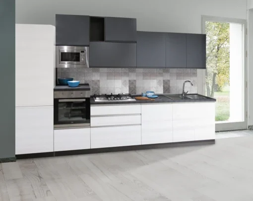 Bissolo Casa Cucine Complete<CUCINA MOD. NEW KELLY CM 360X60 H 240 FRASSINO BIANCO E ANTRACITE OPACO PROMO GEMELLI