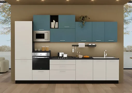 Bissolo Casa Cucine Complete<CUCINA MOD. SANDY CM 360X60 H.240 GHIACCIO POLVERE E BLU INDACO DUNE PROMO GEMELLI