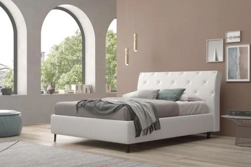 Bissolo Casa Letti Matrimoniali<LETTO MATRIMONIALE CONTENITORE IN ECOPELLE BIANCA CON BOTTONI BRILLANTI