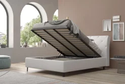 Bissolo Casa Letti Matrimoniali<LETTO MATRIMONIALE CONTENITORE IN ECOPELLE BIANCA CON BOTTONI BRILLANTI