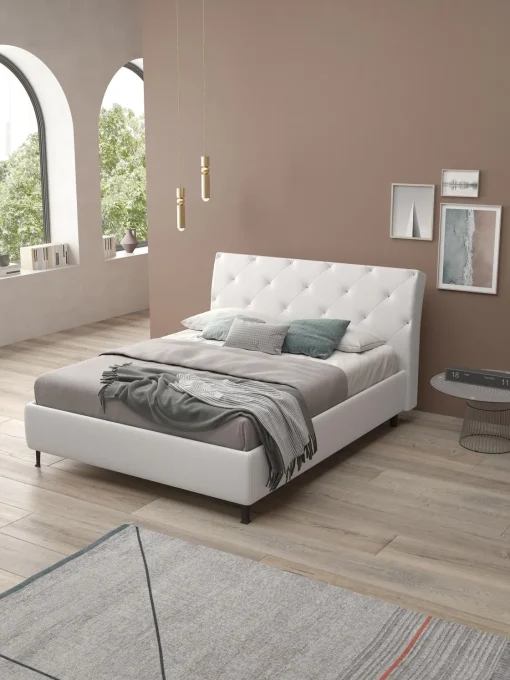 Bissolo Casa Letti Matrimoniali<LETTO MATRIMONIALE CONTENITORE IN ECOPELLE BIANCA CON BOTTONI BRILLANTI
