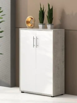 Bissolo Casa Librerie|Librerie<Libreria con ante: libreria con ante beton e bianco frassinato