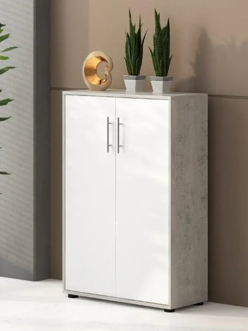 Bissolo Casa Librerie|Librerie<Libreria con ante: libreria con ante beton e bianco frassinato