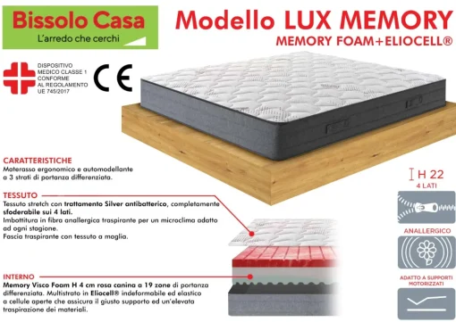 Bissolo Casa Materassi Una Piazza E Mezza<MATERASSO LUX MEMORY 1 PIAZZA E 1/2 120X190CM IN MEMORY FOAM ED ELIOCELL