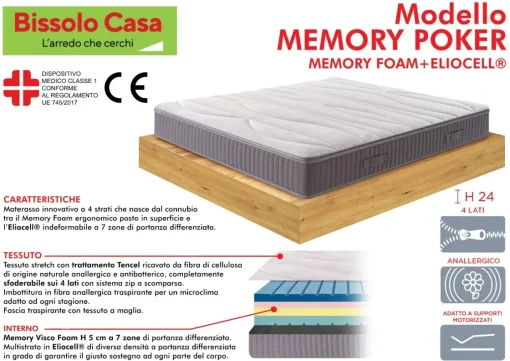 Bissolo Casa Materassi Matrimoniali<MATERASSO MATRIMONIALE MEMORY POKER 160X190 CM IN MEMORY FOAM ED ELIOCELL