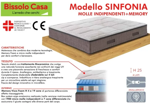 Bissolo Casa Materassi Una Piazza E Mezza<MATERASSO SINFONIA 1 PIAZZA E 1/2 120X190CM A MOLLE INDIPENDENTI E MEMORY