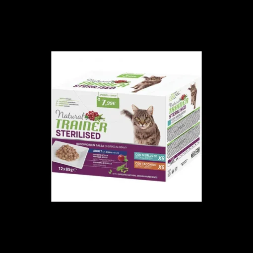 Bissolo Casa Cibi Gatto<NATURAL TRAINER CAT STERILISED MERLUZZO/TACCHINO 12X85GR UMIDO: vendita online NATURAL TRAINER CAT STERILISED MERLUZZO/TACCHINO 12X85GR UMIDO in offerta