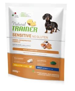 Bissolo Casa Cibi Cane<NATURAL TRAINER DOG ADULTO SMALL & TOY SENSITIVE SALMONE E CEREALI INTEGRALI KG 0.8: vendita online NATURAL TRAINER DOG ADULTO SMALL & TOY SENSITIVE SALMONE E CEREALI INTEGRALI KG 0.8 in offerta