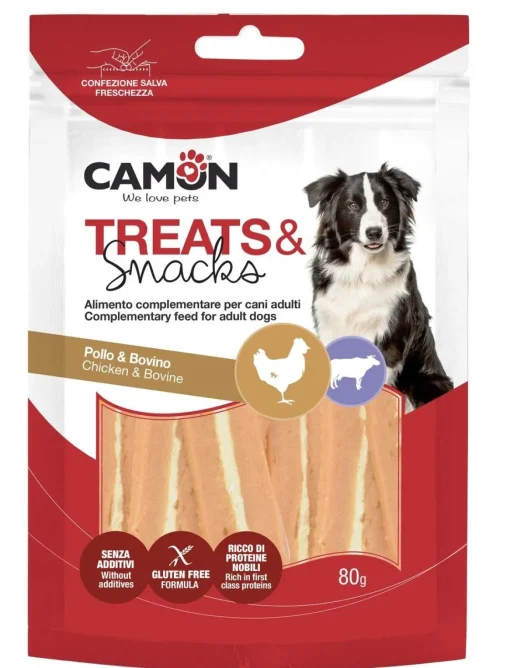 Bissolo Casa Cibi Cane<POLLO AND RAWHIDE JERKY 80GR: vendita online POLLO AND RAWHIDE JERKY 80GR in offerta