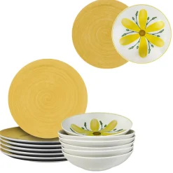 Bissolo Casa Piatti Servizio Completo<SERVIZIO TAVOLA DA 12 PIATTI FLOWERS IN PORCELLANA GIALLO