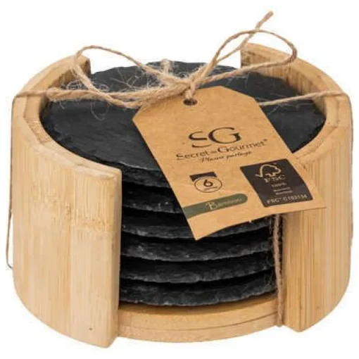 Bissolo Casa Piatti Vassoi<SET 6 PIATTI IN ARDESIA CON SUPPORTO IN BAMBU' NATURALE