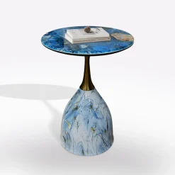 Bissolo Casa Tavolini<TAVOLINO DIAM. CM 44 H.57 METALLO E PIANO IN CERAMICA EFFETTO MARMO BLU in vendita online