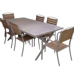 Bissolo Casa Set Tavoli E Sedie<Vendita online di SET TAVOLO + 6 SEDIE IN ALLUMINIO TORTORA E PVC EFFETTO LEGNO NATURALE